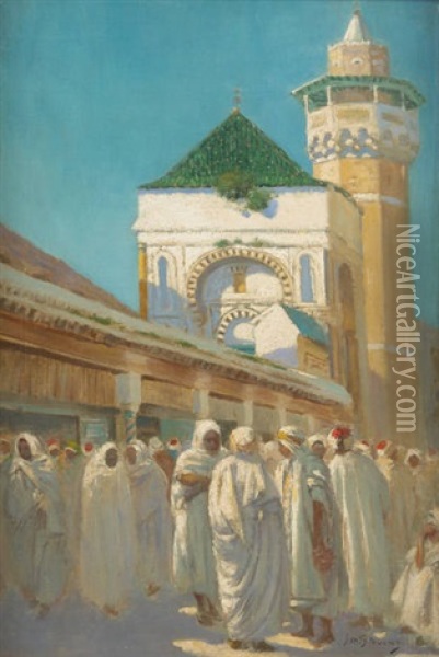Conversation Devant La Mosquee Hammouda Pacha A Tunis Oil Painting - Gustav Max Stevens