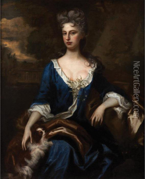 Portrait Of A Lady With Aspaniel Oil Painting - Sir Godfrey Kneller