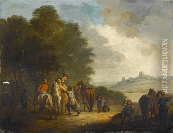 An Elegant Hunting Party In A Landscape Oil Painting - Carel van Falens