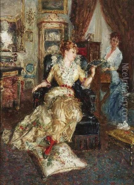 Music Hour. A Lady In A Parlour Is Listening To The Piano Playing Of A Friend. Oil/panel, Signed Oil Painting - Saverio Francesco Altamura