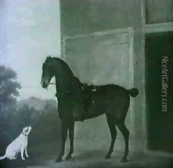A Bay Work Horse With A Terrier Before A Stable In A Wooded Landscape Oil Painting - John Nost Sartorius