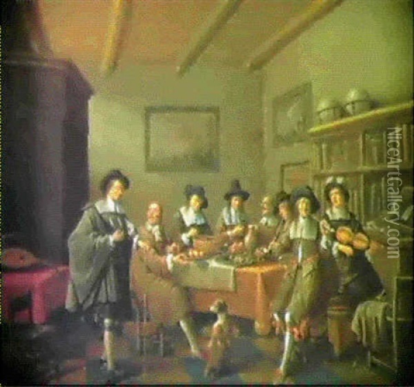 Eine Gesellschaft Von Schmausenden Und Musizierenden        Kavalieren In Einer Bibliothek Oil Painting - Joost Cornelisz. Droochsloot