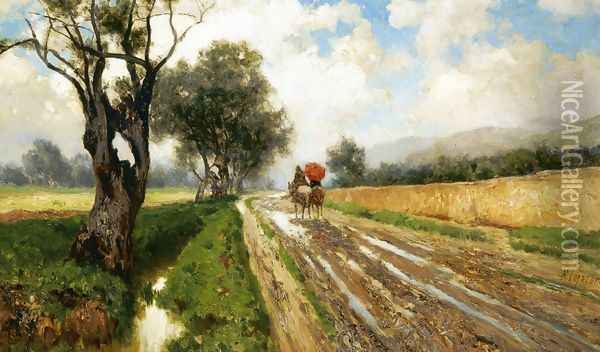 Country Road with Figure Oil Painting - Francesco Lojacono
