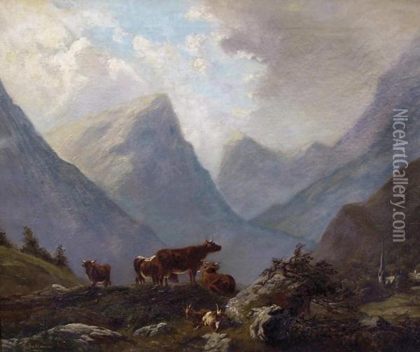 Weidende Kuhe Und Ziegen In Gebirgslandschaft Oil Painting - Johann Anton Castell