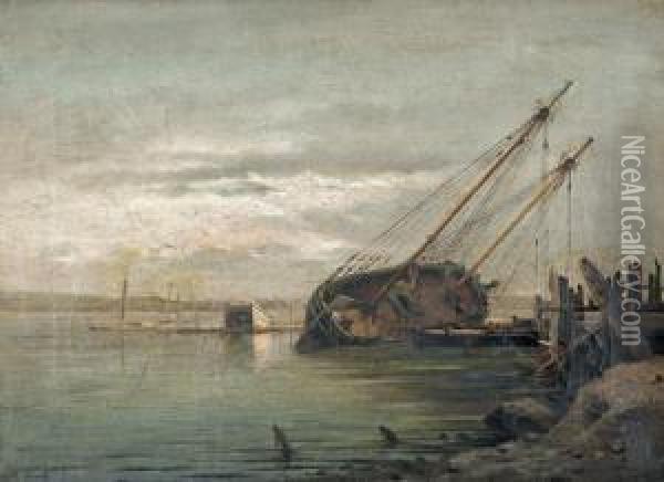 Hafenpartie Mit Gestrandetem Segelschiff. Oil Painting - Antonio Rinaldo