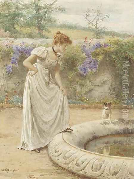 A lady and her dog looking into a fish pond Oil Painting - George Goodwin Kilburne