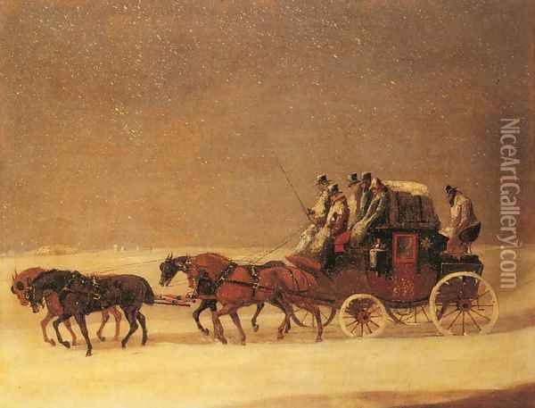 The Derby and London Royal Mail on the Open Road in Winter Oil Painting - Henry Thomas Alken