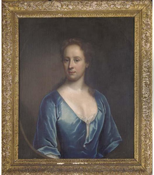 Portrait Of A Lady, Quarter-length, In A Blue Dress, Feigned Oval Oil Painting - Michael Dahl