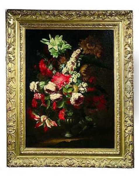 Blumenstraus In Einer Vase, Der Sich Aus Rosen, Tulpen, Nelken, Lilien, Sonnen- Und Anderen Blumen Zusammensetzt Oil Painting - Abraham Brueghel