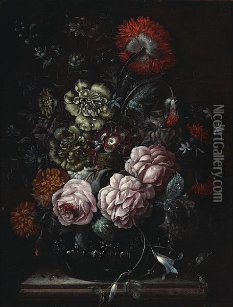 A Still Life With Roses, Carnations And Other Flowers In A Vase Placed On An Entablature Oil Painting - Johann Baptist Halszel