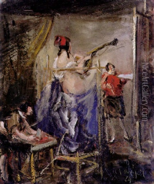 Das Modell, Der Maler Und Der Gehilfe Oil Painting - Franz Naager