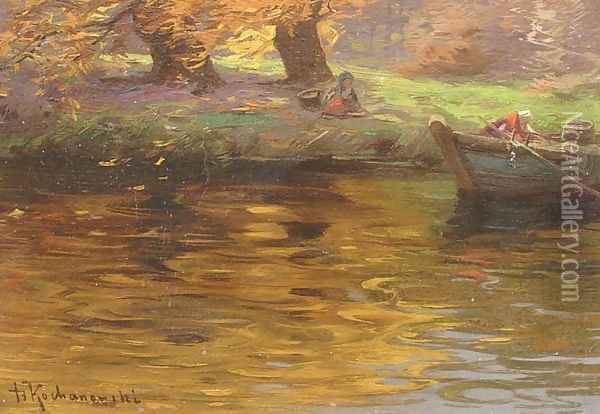 Autumn Landscape on the Riverside Oil Painting - Roman Kochanowski