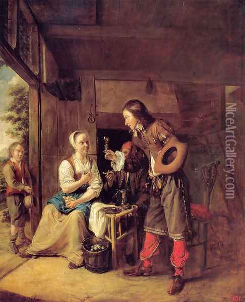 A Man Offering A Glass Of Wine To A Woman Oil Painting - Pieter De Hooch
