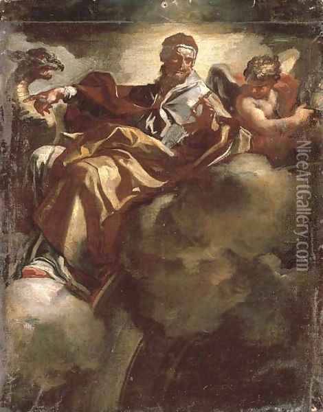 Saint Pius V a bozzetto for a pendentive Oil Painting - Francesco Solimena