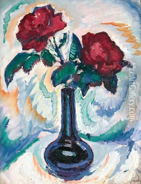 Red Roses In A Blue Vase Oil Painting - Samuel John Peploe
