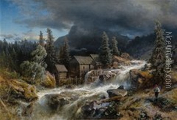 Norwegische Landschaft Mit Aufkommendem Gewitter Oil Painting - Hermann Herzog