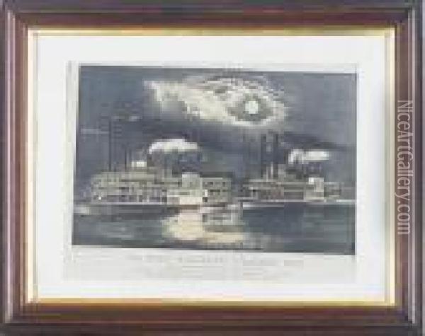 The Great Mississippi Steamboat Race Oil Painting - Currier & Ives Publishers