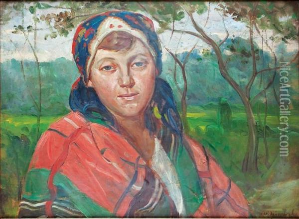 Wiejska Dziewczyna W Chuscie Oil Painting - Wincenty Wodzinowski