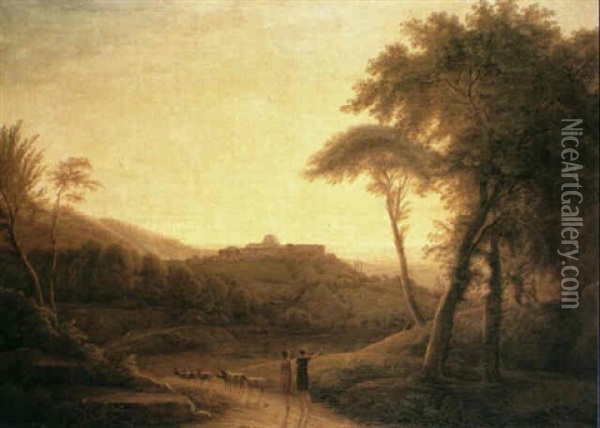 Figures In An Italianate Landscape Oil Painting - Simon Warnberger