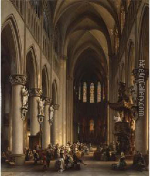 Figures Attending Mass Oil Painting - Jules Victor Genisson