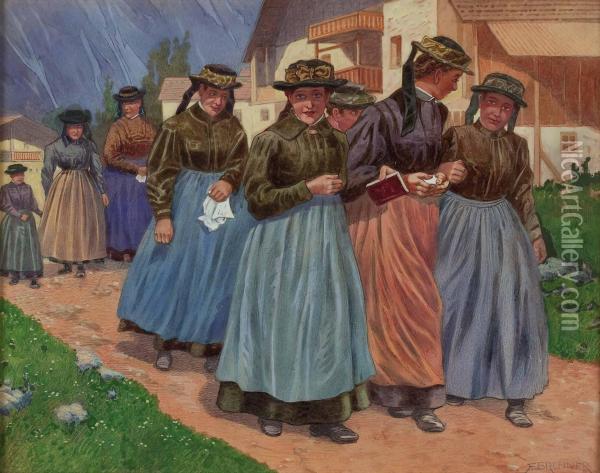 Junge Frauen In Tiroler Tracht Auf Dem Weg Zur Kirche Oil Painting - Franz Brenner