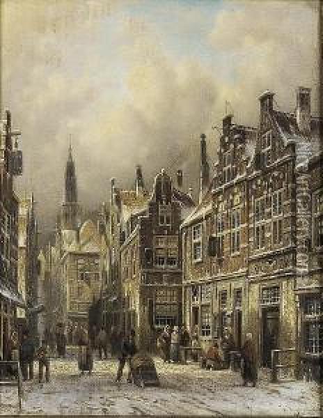 A Continental Town In Winter Oil Painting - Johannes Franciscus Spohler