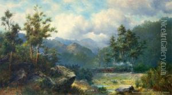 First Train Through The Taeiri Gorge Oil Painting - John Elder Moultray