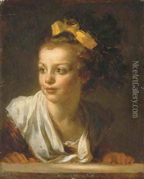 A young girl leaning on a window ledge Oil Painting - Jean-Honore Fragonard