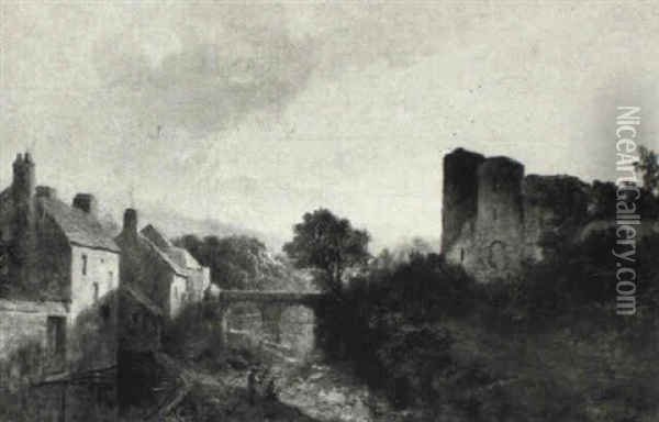 Anglers By A Village, A Ruined Castle Overlooking Oil Painting - James Peel