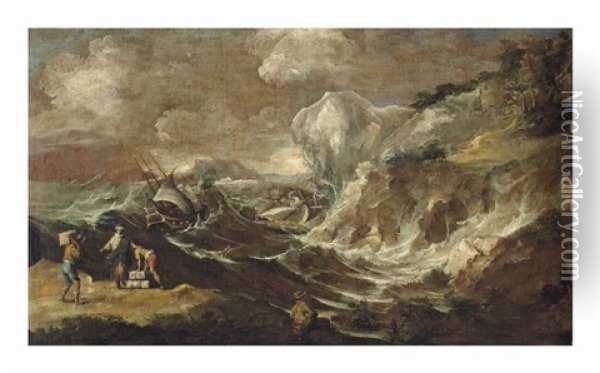 A Mediterranean Harbour With A Shipwreck In Stormy Waters Oil Painting - Antonio Maria Marini