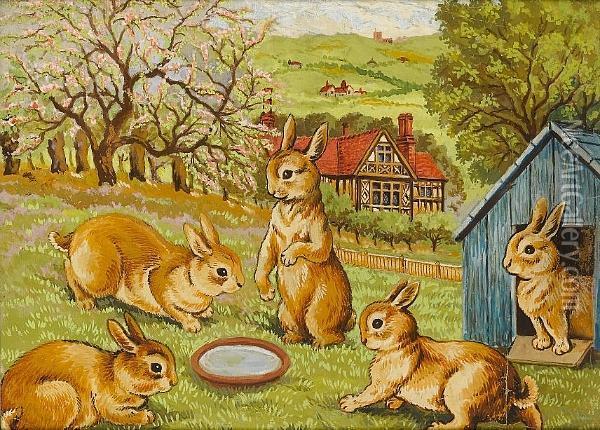 Springtime Rabbits Oil Painting - Louis William Wain