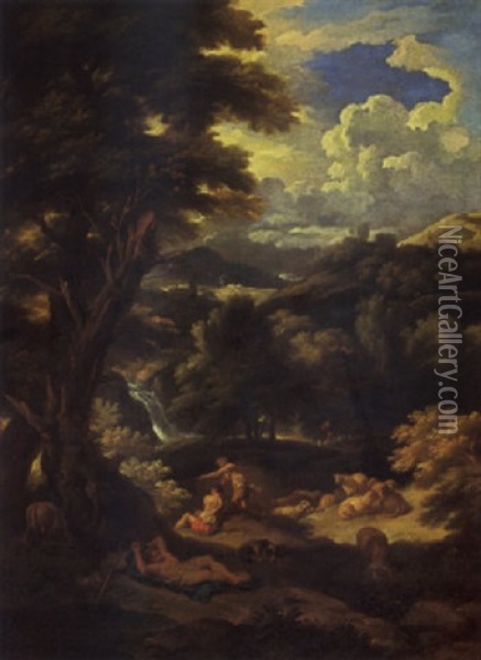 A Pastoral Landscape With Shepherds And Their Sheep Resting, A Waterfall Beyond Oil Painting - Pieter Mulier the Younger