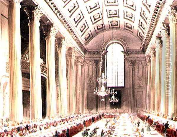 The Egyptian Hall, Mansion House, from Ackermanns Microcosm of London Oil Painting - T. Rowlandson & A.C. Pugin