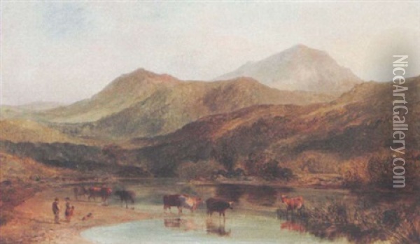 Cattle Watering In A Mountainous Landscape Oil Painting - George Shalders