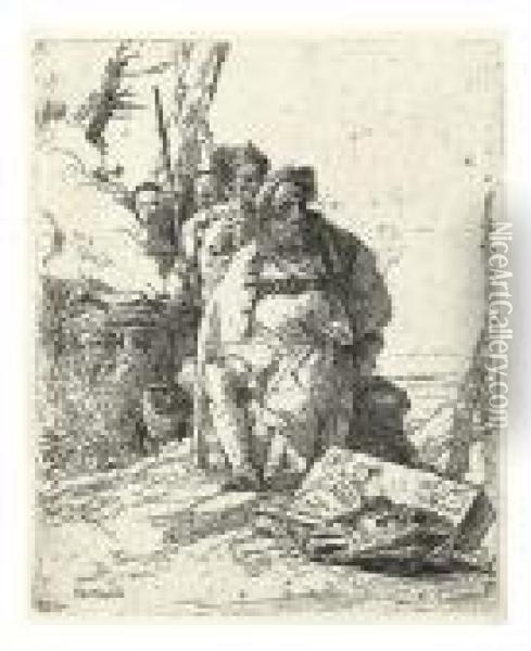 Mago Con Quattro Figure Presso Un'ara Fumante. Oil Painting - Giovanni Battista Tiepolo