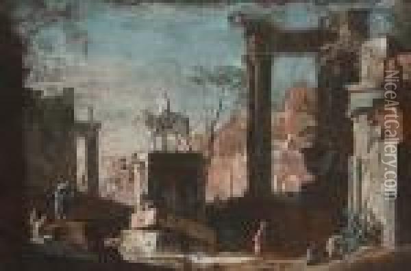 Figures Amongst Ruins With An Equestrian Statue Oil Painting - Marco Ricci