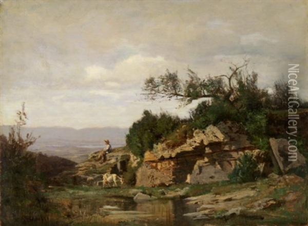 Ziegenhirte Am Teich Vor Weiter Landschaft Oil Painting - Nathanael Lemaitre