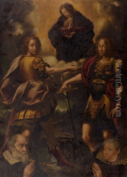 The Virgin With Saints Faustinus And Jovita And Two Donors Oil Painting - Bartolomeo (Il Genovesino) Roverio