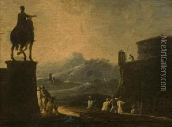 Paesaggio Con Soldati In Riposo E Statua Equestre Oil Painting - Bartolomeo Pedon