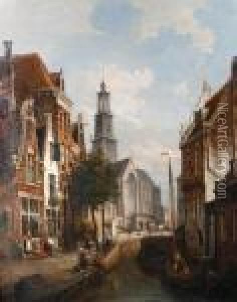 View Of The Westertoren From The Formerrozengracht At Amsterdam Oil Painting - William Raymond Dommersen