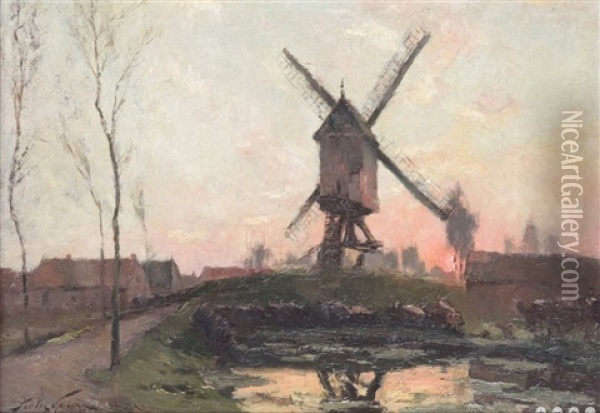 Moulin A Astene (?) Au Coucher De Soleil Oil Painting - Pieter Gorus