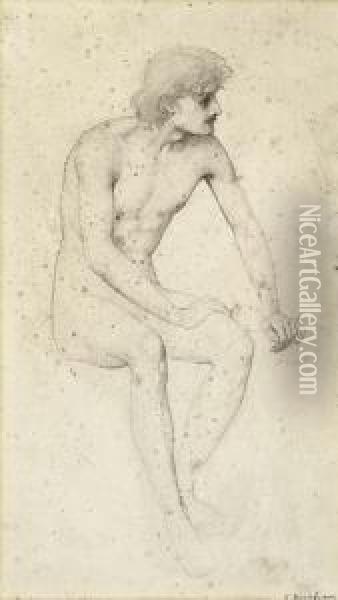 Study Of A Seated Male Nude, Looking Over His Left Shoulder Oil Painting - John Melhuish Strudwick