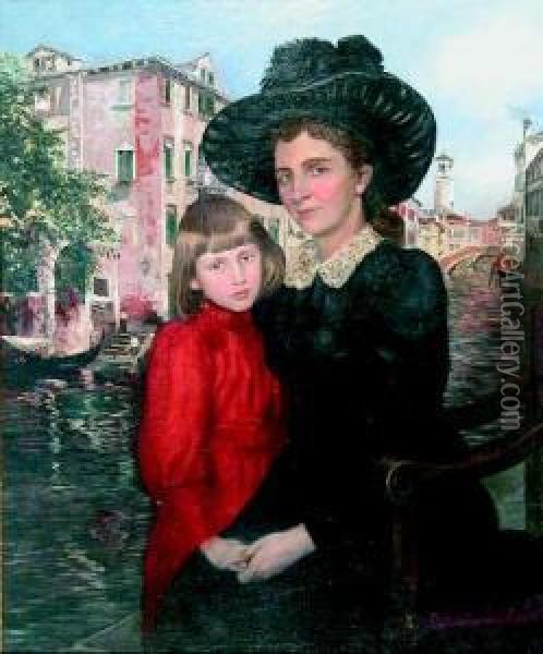 Madre E figlia Ritratte Su Sfondo Veneziano Oil Painting - Alfred Zimmermann