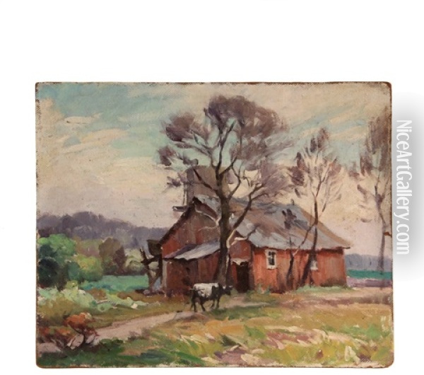 Cow Approaching Red Barn Oil Painting - Mabel May Woodward