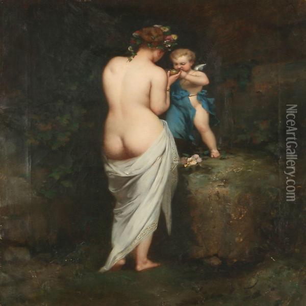 A Nymph And Amor Oil Painting - Ad. Lafon