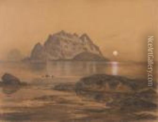 Landskap Med Midnattsol Oil Painting - Thorolf Holmboe