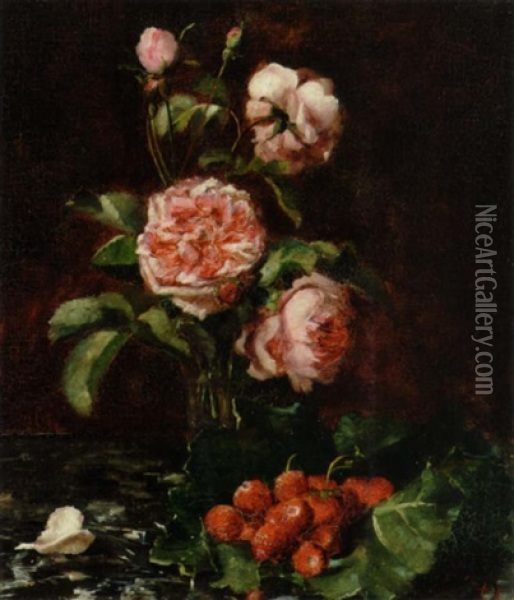 Roser Og Jordbaer Pa Et Rabarberblad Oil Painting - Augusta Dohlmann