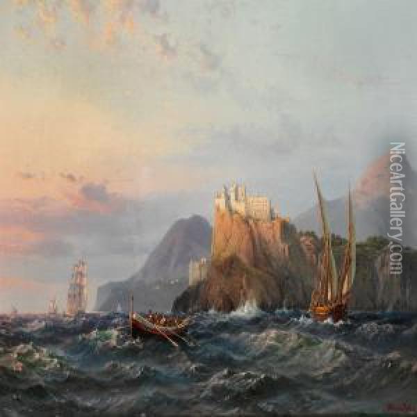 Morning Light Over The Island Of Procida, Italy With Ships Off The Coast Oil Painting - Vilhelm Melbye