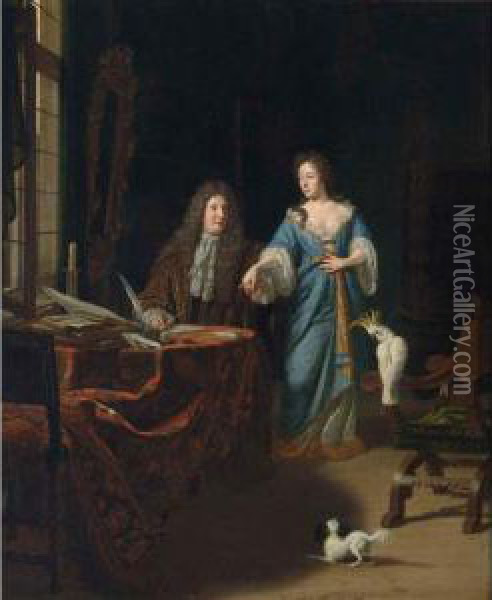 A Portrait Of An Elegant Couple 
Behind A Table In An Elaborate Interior With A Chinese Lacquer Drawer 
Accompanied By A Dog And A Cockatoo On A Chair Oil Painting - Michiel van Musscher
