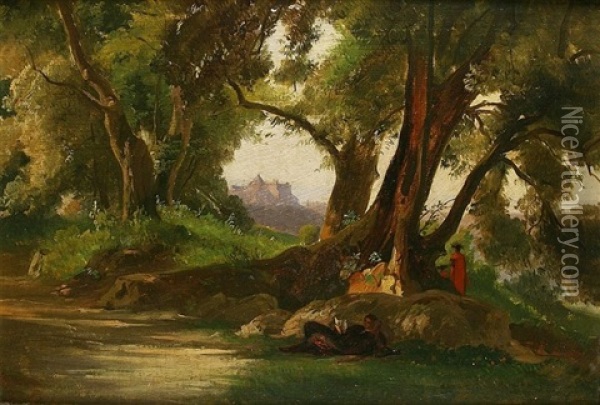 Rastender In Romantischer Landschaft Oil Painting - Oswald Achenbach